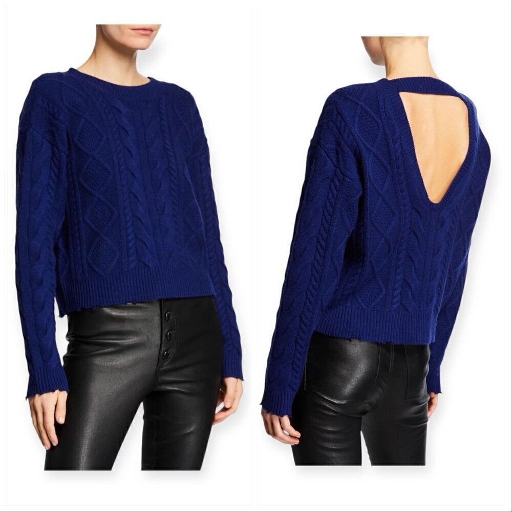 RtA Zane Reverse V-Neck Cable Knit Sweater,  Blue, Size S, New with tag